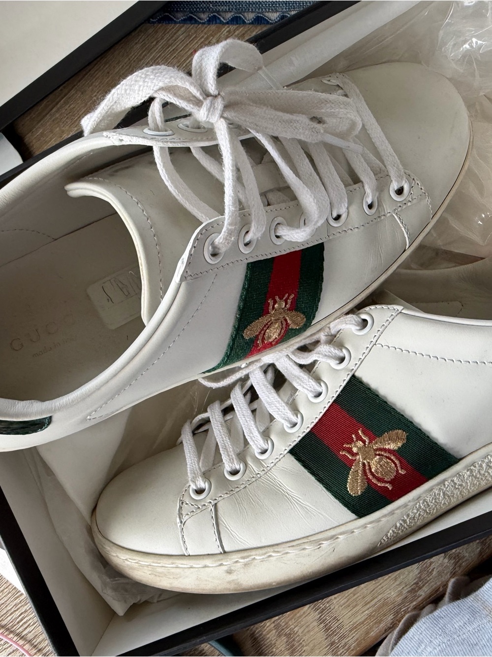 Gucci White Leather Sneakers with Red & Green Stripe and Gold Bee